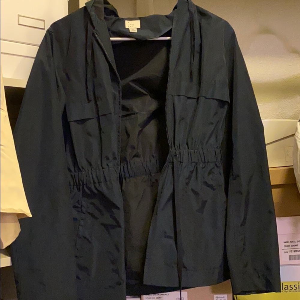 Navy blue rain jacket.